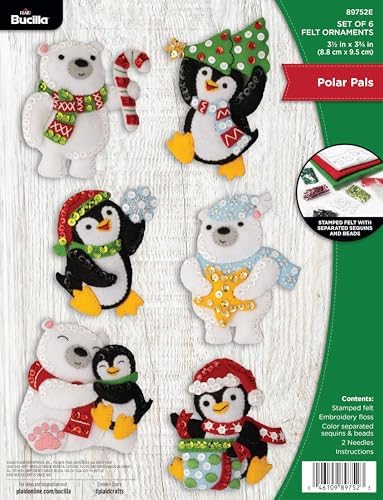 Bucilla Felt Applique 6 Piece Ornament Making Kit, Polar Pals, Perfect for DIY Arts and Crafts, 89752E