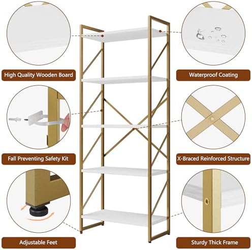 Shintenchi 5 Tiers Bookshelf, Classically Tall Bookcase Shelf,Industrial Book Rack,Modern Book Holder in Bedroom/Living Room/Home/Office, Storage Rack Shelves for Books/Movies,Gold