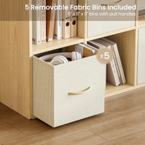 EXPERLAM 9 Cube Storage Organizer - Solid Wood Bookshelf with 5 Storage Bins, Cube Shelf with 3 Removable Back Panels, Vertical or Horizontal Bookcase, Open Book Shelf for Bedroom, Living Room, Office