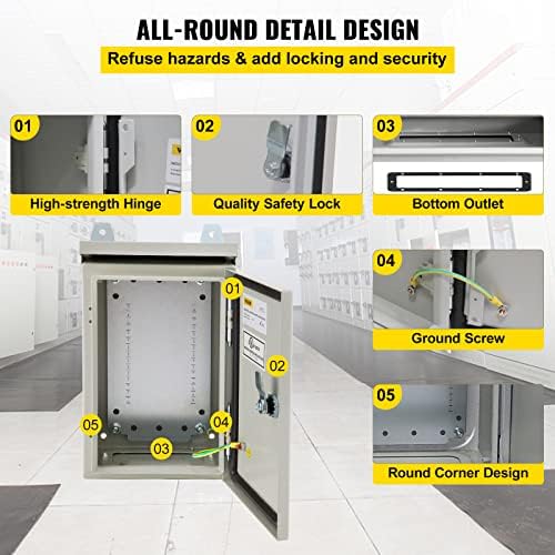 VEVOR Electrical Enclosure, 12'' x 8'' x 6'', UL Certified NEMA 4 Outdoor IP65 Waterproof Cold-Rolled Carbon Steel Hinged Junction Box, with Rain Hood, White Gray, (ULBOX30X20X15)