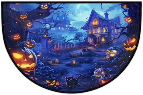 Halloween Pumpkin Moon Half Round Door Mat Non Slip Washable Halloween Semi Circle Area Rug Absorbent Soft Half Moon Rug Floor Mat for Kitchen Indoor Outdoor Bathroom Patio Front Door Mat Decor