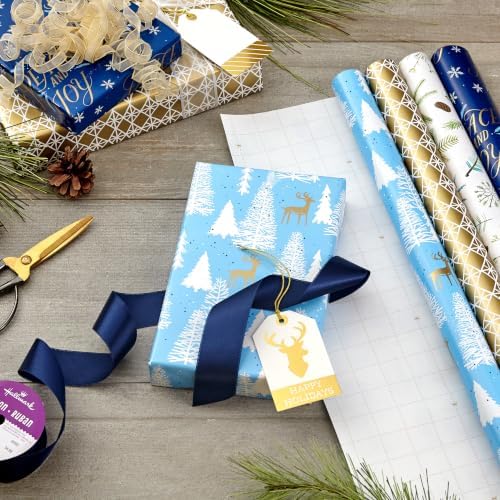 Hallmark Holiday Wrapping Paper Bundle with Cut Lines on Reverse, Elegant Woodland (Pack of 4, 120 sq. ft. TTL) Peace and Joy, Deer, Pinecones, Snowflakes, Blue, Gold