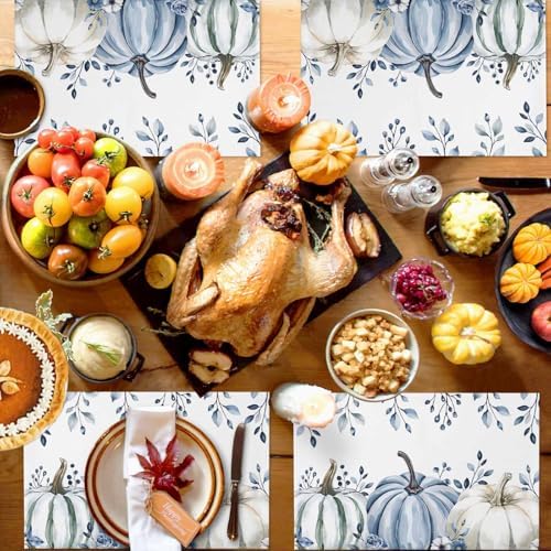 Fall Placemats Set of 4, White Blue Pumpkin Place Mats Blue Eucalyptus Leaves Tablemats Harvest Thanksgiving Placemat Table Decoration for Kitchen Table Holiday Dinner Party Autumn Home Decor