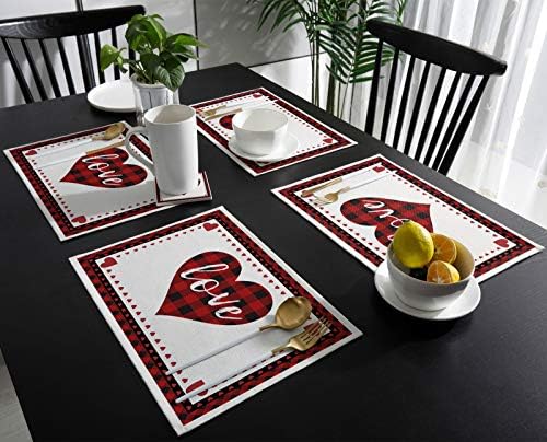 Valentines Day Placemats Set of 6, Red and Black Buffalo Check Plaid Love Cotton Line Fabric Heat Resistant Table Mats Non-Slip Washable Mats Decoration for Home Kitchen Dining Wedding Holiday Party