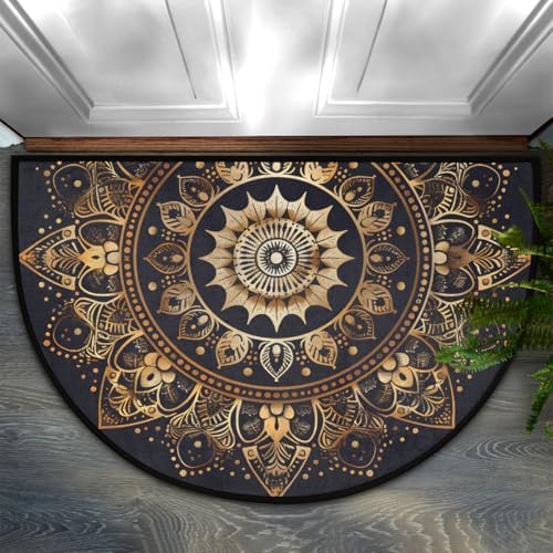 Half Round Door Mat Mandala Boho Bohemian Black Non Slip Washable Semi Circle Area Rug Absorbent Soft Half Moon Rug Floor Mat for Indoor Outdoor Kitchen Bathroom Patio Front Door Mat Decor