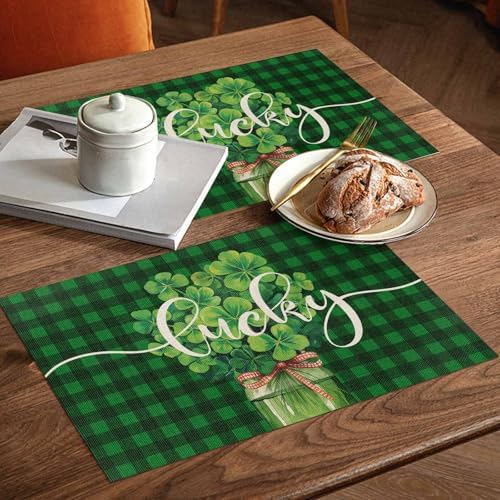 Shamrock Clover Green Buffalo Plaid Placemats Set of 4, Irish Spring Cotton Linen Table Mats Non-Slip Washable Dark Green Check Shamrock St. Patrick's Day Leaf Placemat for Dining Kitchen Table Decor