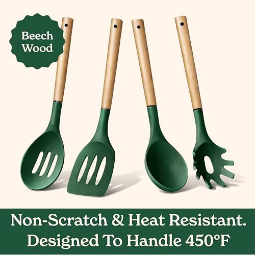 Country Kitchen Non Stick Silicone Utensil Set with Rounded Wood Handles for Cooking and Baking, 8 Piece Set, Green