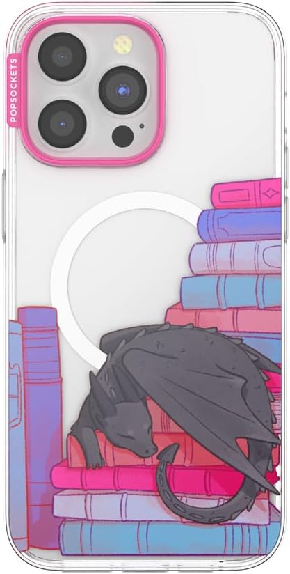 PopSockets iPhone 15 Pro Max Phone Case w/MagSafe- Curled Up & Cozy | Magnetic, Wireless Charging, Camera & Drop Protection, Bookish, Dragon