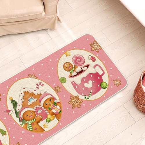 JarThenaAMCS Christmas Kitchen Mats Set of 2 Pink Gingerbread Man Non-Slip Floor Mat Xmas Decorative Rugs for Bathroom Kitchen, 17 x 29 Inch & 17 x 47 Inch