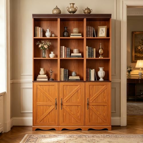 KEIKI Farmhouse Bookcase with Storage Cabinets, Modular Bookshelf, Dark Oak