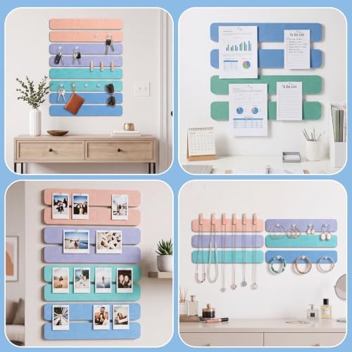 Thboxes 8 Pack Felt Bulletin Board Strips, 13x2 Inch Self Adhesive Felt Pin Boards with 50 Pushpins and 10 Wooden Clips Push Pins, Cork Board for Walls Home Office Decor(Soft Macaron)