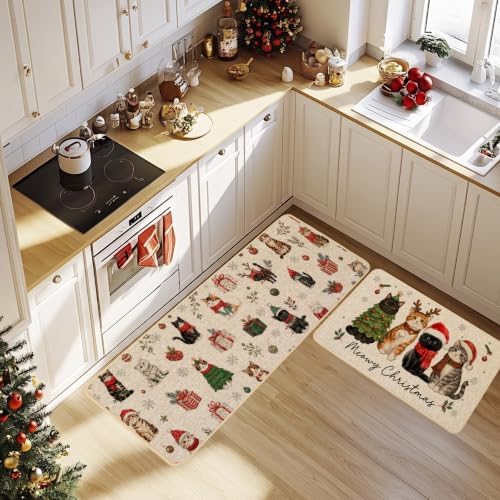 Baccessor Meowy Christmas Kitchen Rugs Set of 2 Cats 17x29 and 17x47 Inch
