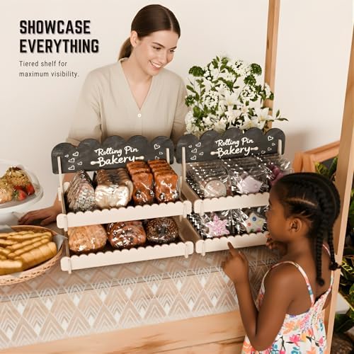 HOTCAN Wooden Cookie Display Stand with Chalkboard Sign for Bakers, Vendors, Craft Fairs | Pastry Display for Market Booths & Events | 2 Tiered Cookie Display for Muffins, Cakes, and Pastries(Natural)