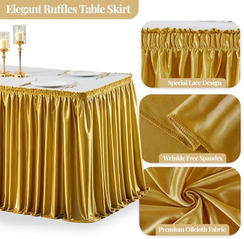 Wish Care 6ft Gold Satin Table Skirt for Rectangle Tables Wrinkle Free Teacher Desk Skirt Glitter Ruffle Table Skirting Cloth for Office Birthday Graduation Cocktail Party Buffet Table Decorations