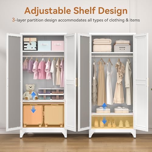 Polup Metal Armoire Wardrobe Closet with Mirror, 71" Tall White Cabinet