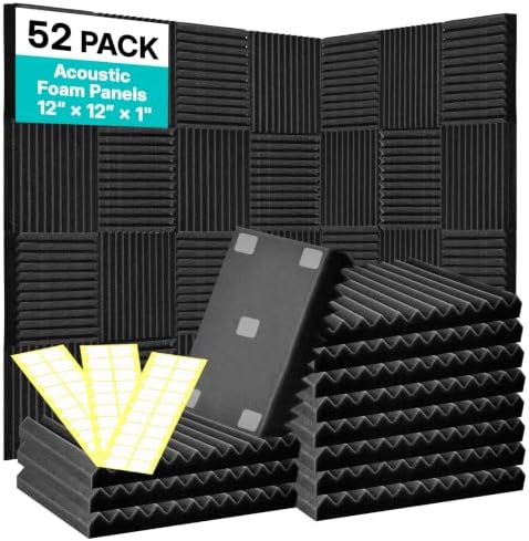Acoustic Foam Panels for Walls, 52 Pack Sound Proof Foam Panels, 12" x 12" x 1" High Density Sound Dampening Panels for Recording Studio, Gaming Room & Home Theater (BLACK)