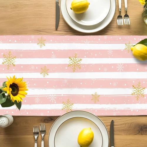 Pink Santa Claus Table Runner Dresser Scarf 13 x 60 Inch Merry Christmas Candy Snowflake White Striped Table Runners Non-Slip Heat Resistant Kitchen Dining Table Decor for Home Holidays Indoor Outdoor