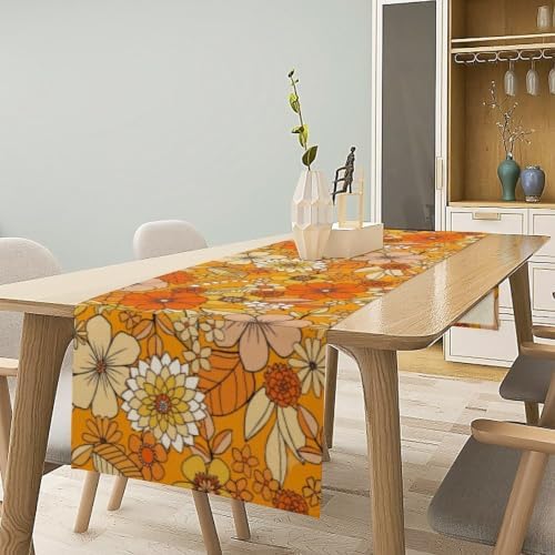 Floral Table Runner Retro 70s Hippie Daisy Flower Peace Love Birthday Party Retro Kitchen Dinning Home Decoration 13x60 Inch