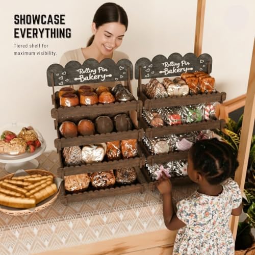 HOTCAN Wooden Cookie Display Stand with Chalkboard Sign for Bakers, Vendors, Craft Fairs | Pastry Display for Market Booths & Events | 4 Tiered Cookie Display for Muffins, Cakes, and Pastries (Brown)