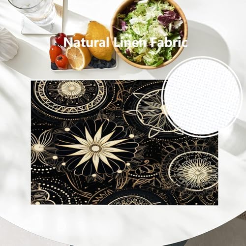 Batmerry Circular Patterns Floral Designs Linen Placemats Set of 4, Black Gold Decorative Patterns Washable Table Mats for Kitchen Table Thickened Heat Insulation Dining Set Indoor Outdoor 12X18 in