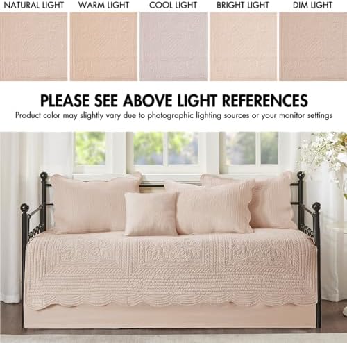 Madison Park Daybed Cover Set-Trendy Damask Quilting with Scalloped Edges All Season Luxury Bedding with Bedskirt, Matching Shams, Decorative Pillow, 75"x39", Tuscany Blush, 6 Piece | All Season, Pre-Washed Cotton-Filled Coastal Bedding with Scallop Ed...
