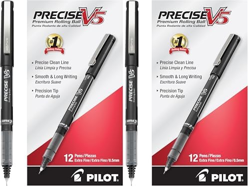 PILOT Precise V5 Rollerball Pens,Extra Fine Point 0.5 mm Black Pens,Black,- Ideal for School,Journaling & Office Writing,12 Count (Pack of 2)