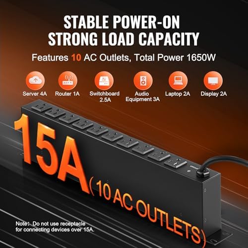 VEVOR 10 Outlet Horizontal 1U Rack Mount PDU Power Strip for Network Server Racks, 10 Individual Led Switches Surge Protection & Overload Protection, 110-125V/15A, with 6ft 14AWG Power Cord