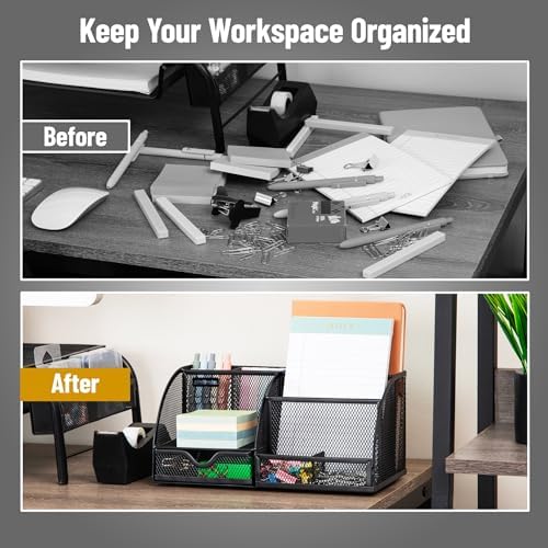 Mind Reader 7-Compartment Desktop Organizer, Metal Mesh Desk Organizer for Pens, Sticky Notes, Mail and Office Supplies, Black