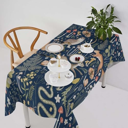 Fairy Forest Tablecloth, Retro Dark Blue Woodland Wildlife Owl Squirrel Print Rustic Flowers Mushrooms Table Cloth for Outdoor Picnic Home Dining Kitchen Table Decor 60x90in