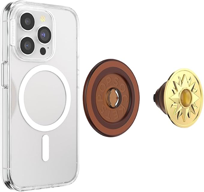 PopSockets Phone Grip for MagSafe, Magnetic Holder- Sun Amber Jewel | Removable, For Kindle / Android / iPhone, With Magnet, Gold, Enamel, Designs