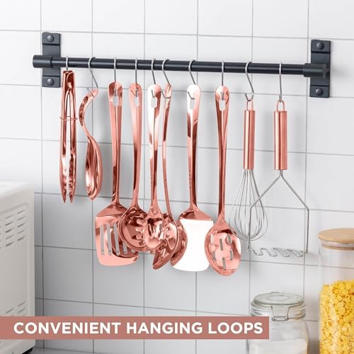 COOK WITH COLOR Kitchen Utensil Set - premium Nonstick & Heat Resistant Kitchen Gadgets, Turner, Spaghetti Server, Serving Spoons, Whisk, Tongs, Masher & Utensil Holder, 10-piece Rose Gold