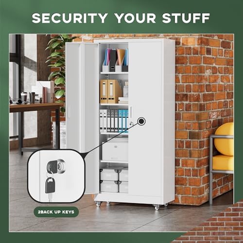 Greenvelly 73" Metal Storage Cabinet with Wheel, Lockable White Metal Garage Cabinets with 2 Doors and 4 Adjustable Shelves, Rolling Steel Tool Cabinet for Garage, Home Office, School