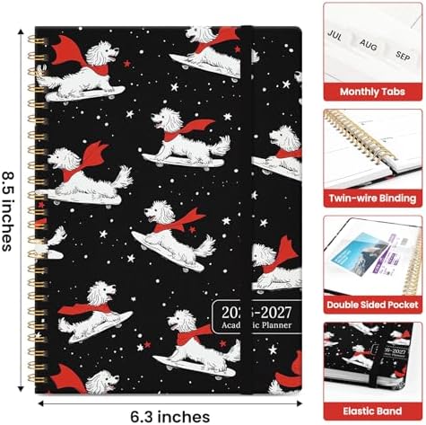 Planner 2026-2027, Jul 2026-Jun 2027 Academic Monthly & Weekly Planner | 6.3" x 8.5" Hardcover Calendar Planner for Women, Spiral Organizer with tabs, School Office Home Supplies, Skate Pup