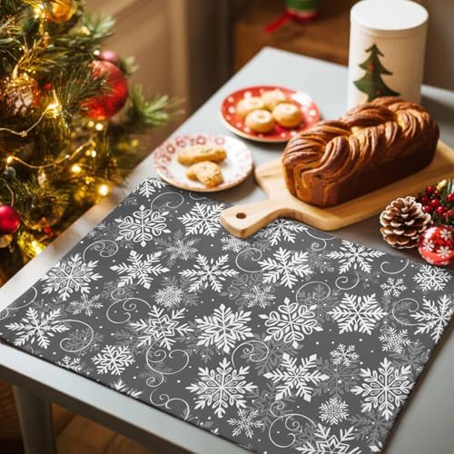 Christmas Placemats Set of 6, Grey White Snowflakes Pattern Heat Resistant Washable Table Place Mats Winter Cotton Table Linens Party Holiday Decor for Kitchen Dining Outdoor Indoor