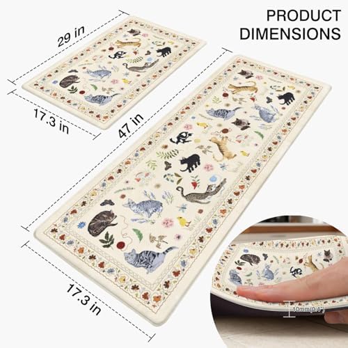 Boho Cushioned Anti Fatigue Mats for Kitchen Floor,Farmhouse Beige Floral Animal Cat Non-Slip Water Resistant Runner Comfort Foam Standing Rugs Non Skid for Home Sink,Office,Laundry 17"x47"+17"x30"