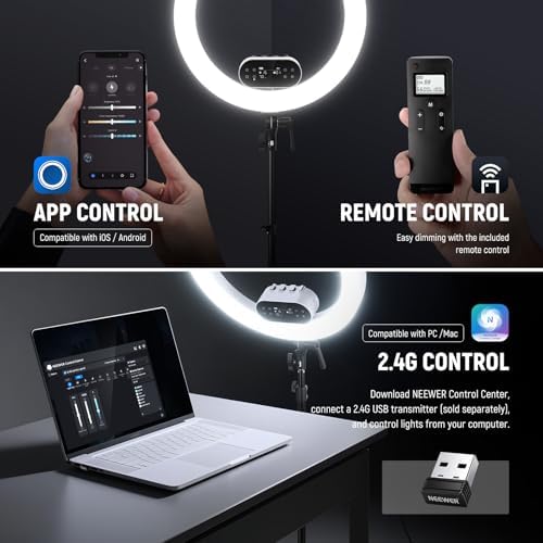 NEEWER 19" 100W High Power LED Ring Light with Tripod Stand & 3 Phone Holders Compatible with iPhone, 2900-7000K CRI97+ App&2.4G Control Lighting for Selfie Video Recording Makeup Streaming, RH100B