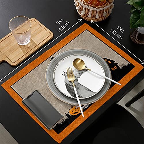 Vandarllin Halloween Fun Placemats Set of 6, Haunted House Witches Cat Pumpkins Cotton Linen Stain Resistant Table Mats Washable Placemat Decoration for Kitchen Dining Table,Scary Movie Nights