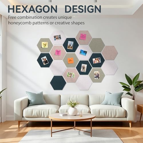 Hexagon Cork Board for Walls Decor, 8 Pack 12" x 10" Felt Bulletin Board Tiles with 30 Pushpins, 50 Adhesive Tabs for Office & Home Pin Board Felt Board, Notes Photos and DIY Classroom Decor