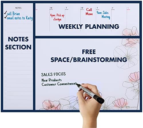Quartet Glass Desktop Weekly Planner, 17" x 22", Whiteboard, Dry Erase Surface, Clean Erase, Includes 1 Dry Erase Marker, Floral (GDP2217F)