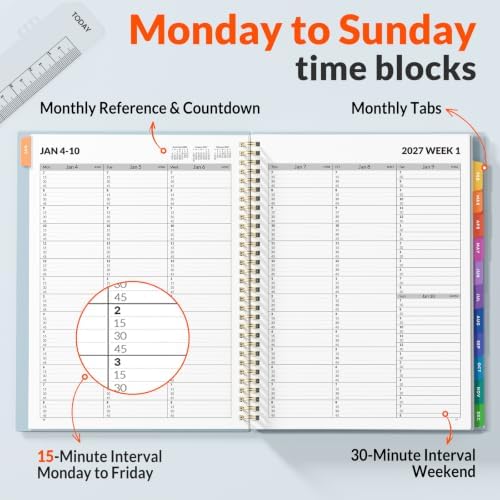 SUNEE 2027 Appointment Book, Quarter-Hourly, Weekly Monthly Planner, 8.5"x11",Grey Blue
