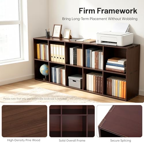 10 Cube Storage Organizer - Pine Wood Bookshelf - Cube Shelf - Vertical or Horizontal Bookcase - Open Book Shelf - Easy Assembly for Bedroom, Living Room, Office - Brown