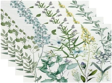 Batmerry Summer Green Sage Linen Placemats Set of 4, Vintage Plant Leaves Elegant Blue Wild Flowers Washable Table Mats for Kitchen Table Thickened Heat Insulation Dining Set Indoor Outdoor 12X18 in
