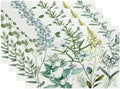 Batmerry Summer Green Sage Linen Placemats Set of 4, Vintage Plant Leaves Elegant Blue Wild Flowers Washable Table Mats for Kitchen Table Thickened Heat Insulation Dining Set Indoor Outdoor 12X18 in