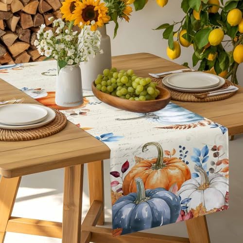 Fall Orange Blue Pumpkin Table Runner Dresser Scarf 13 x 36 Inch Eucalyptus Leaf Retro Thanksgiving Table Runners Non-Slip Heat Resistant Kitchen Dining Table Decor for Autumn Holidays Indoor Outdoor