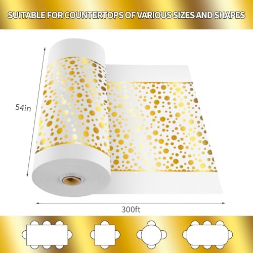 CXPSINC 54 Inch X 300 Feet Plastic Table Cover Roll Disposable Tablecloth with Slide Cutter for All Type/Shape Tables | Party, Banquet, Birthdays, Weddings(White Golden Dot, 300 Feet)