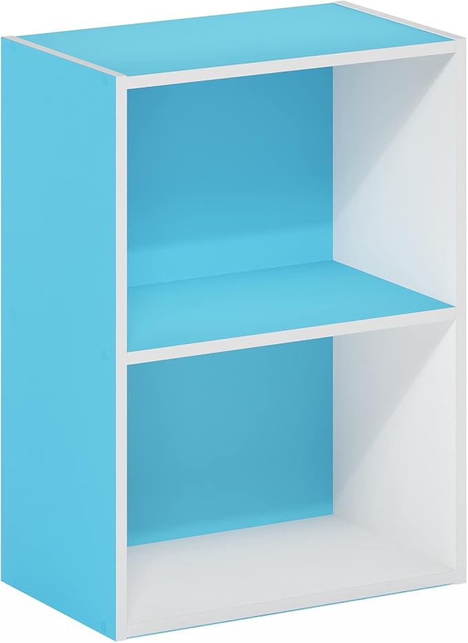 Furinno LUDER 2-Tier Book Shelf, Open Shelves Bookshelf, Light Blue/White | 9 x 16 x 21, Closed Back, Modern Bookcase, for Living Room, Bedroom, Home Office