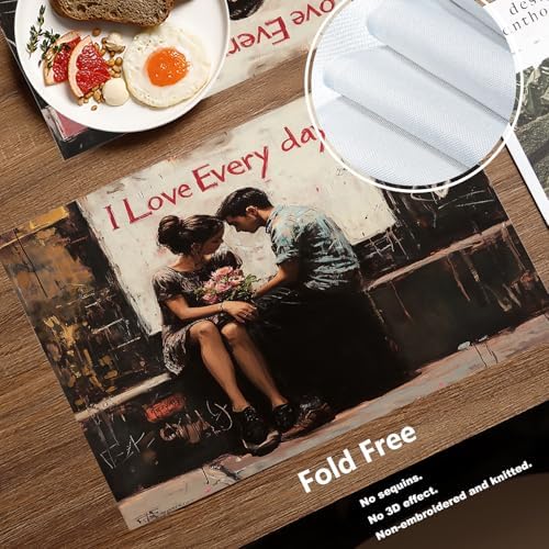 Batmerry Couple Love Linen Placemats Set of 4, Two People Sitting Close Love Message in The Washable Table Mats for Kitchen Table Thickened Heat Insulation Dining Set Indoor Outdoor 12X18 in