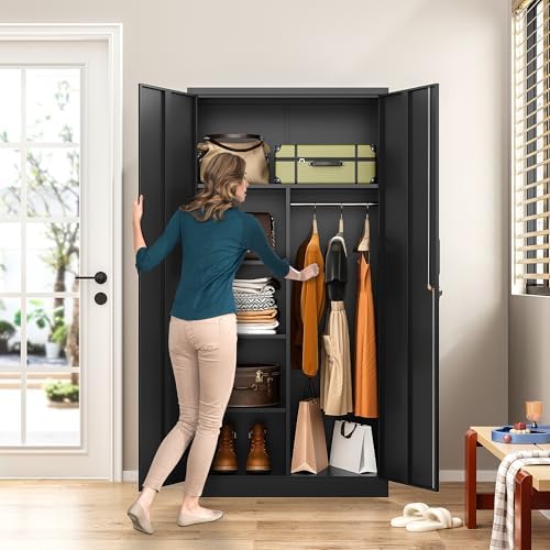 Metal Wardrobe Cabinet with Lock,72" Armoire Closet with Hanging Rod,Lockable Storage Locker,Black Storage Cabinet with Locking Doors,Garage Closet,Steel Wardrobe for Home,Bedroom,Office,Employee,Shop