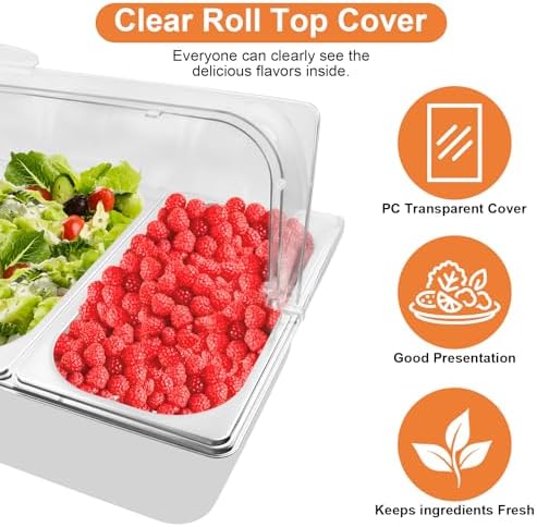 Countertop Food Serving Display Container with Clear Roll Top Cover, Catering Supplies Buffet Display, Perfect Salad Bar Buffet Station for Home and Catering Supplies, Cold Food Buffet Server(3 Pan)