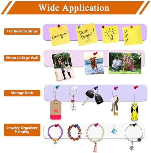 8Pcs Rectangle Felt Cork Board Bar Strips with 35 Pushpins, Self-Adhesive Bulletin Board Strips for Office School Home Wall Decor Stickers Memos Schedules Photos Display -Purple+Pink